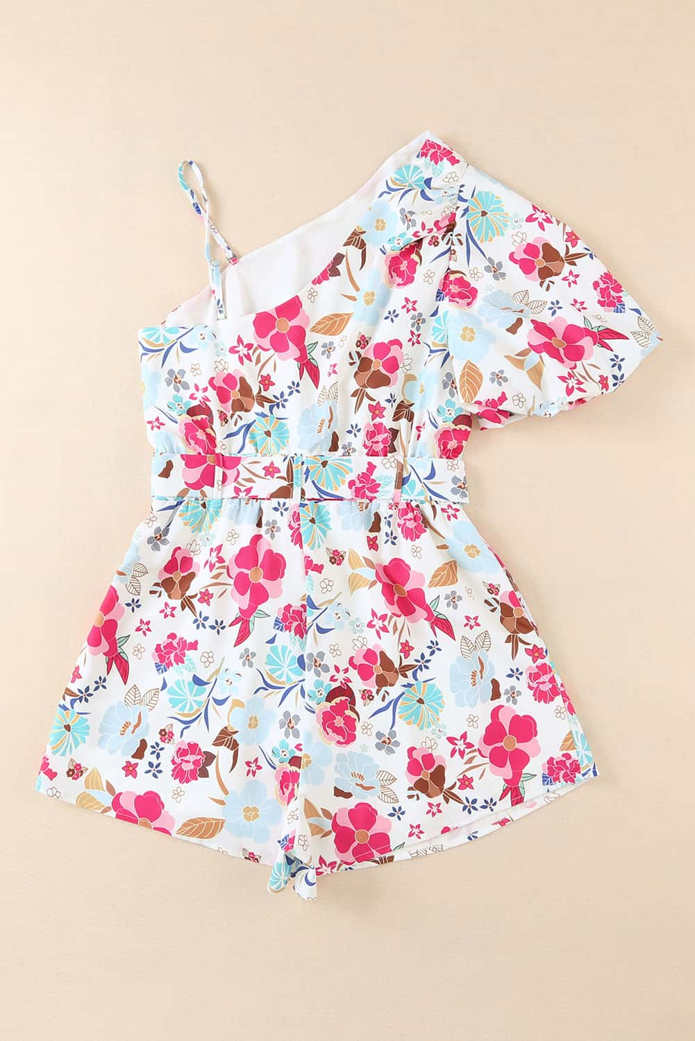 White Floral Single Bubble Sleeve Slant Shoulder Boho Romper