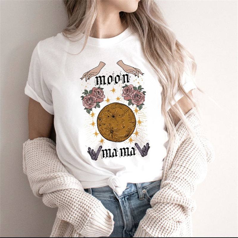 Fashion Moon Astrological Sign Round Neck Short Sleeved Graphic Print Tee Shirt