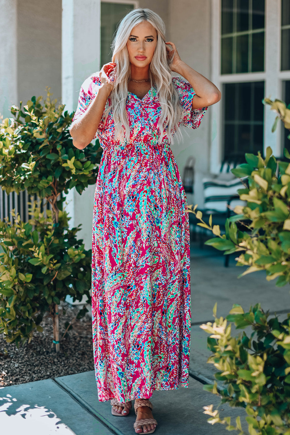 Rose Wrap V Neck Floral Maxi Dress