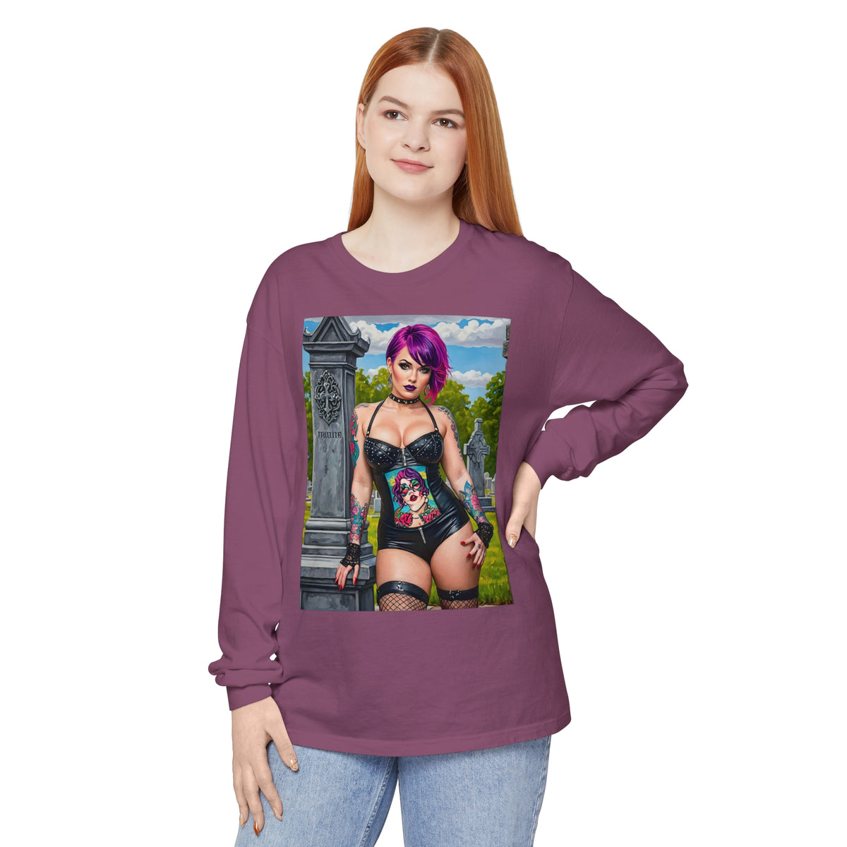 Goth Graveyard Girl Series - Design Four - Unisex Garment-dyed Long Sleeve T-Shirt