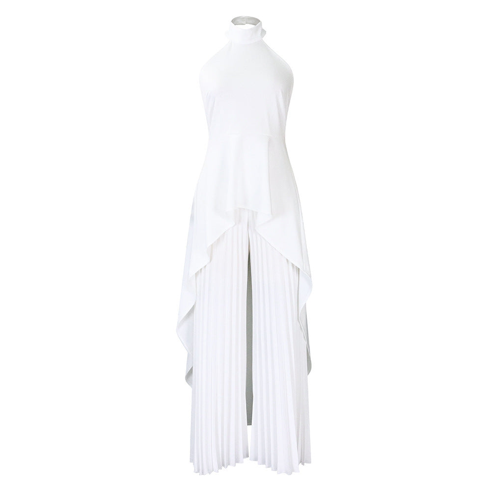 Backless Grecian Neck Long Tail Flowy Top And Pleated Wide-leg Pants Casual Two Piece Sets