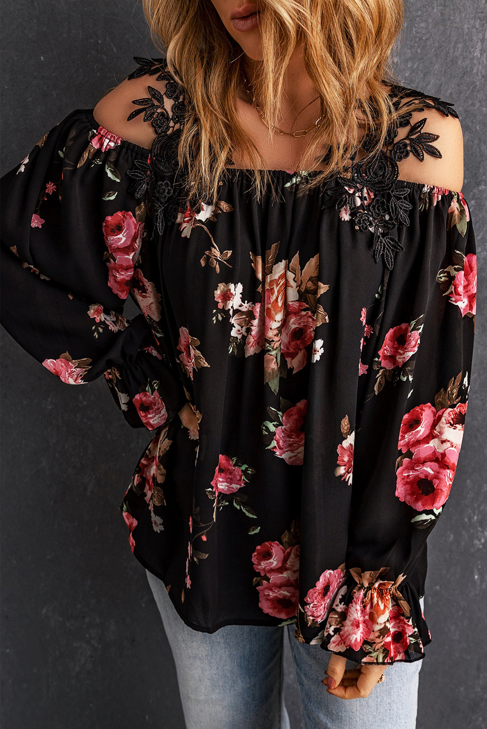 Black Floral Print Lace Patchwork Loose Off Shoulder Blouse