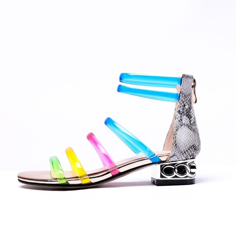 Low Heel Rainbow Color Transparent Jelly Strap Sandals