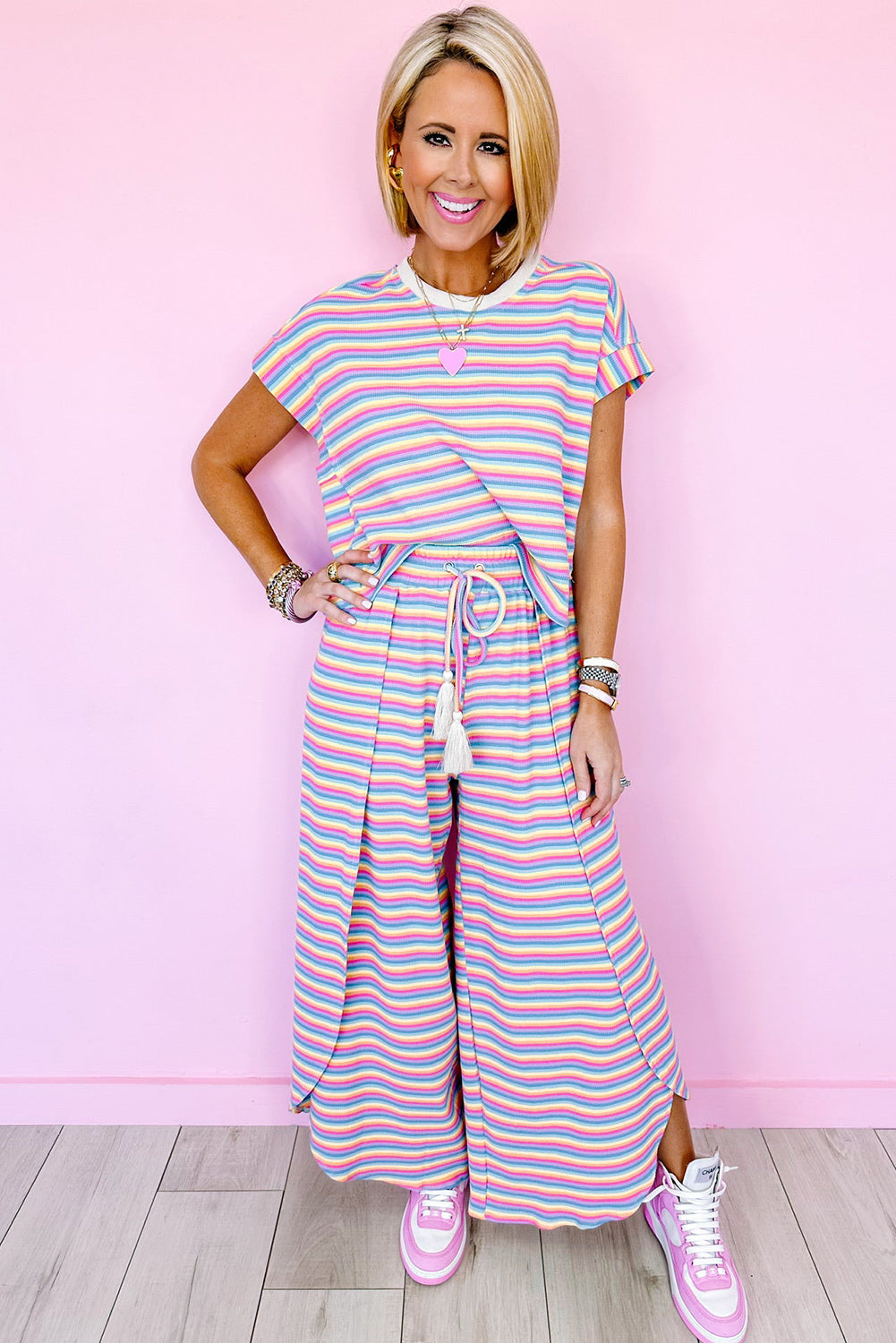 Black Stripe Rainbow Tee and Tassel Drawstring Wide Leg Pants Set