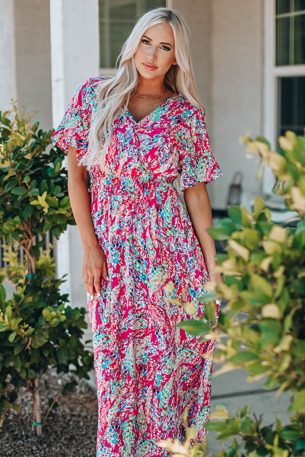 Rose Wrap V Neck Floral Maxi Dress