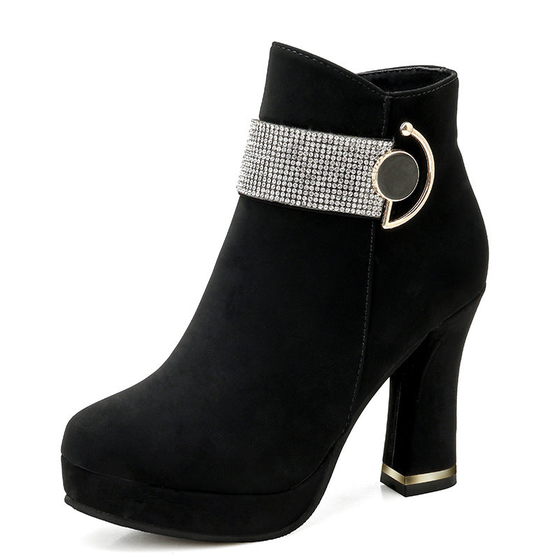 Rhinestone Chunky Heel Fashion Short Boots Waterproof Platform High Heel Boots