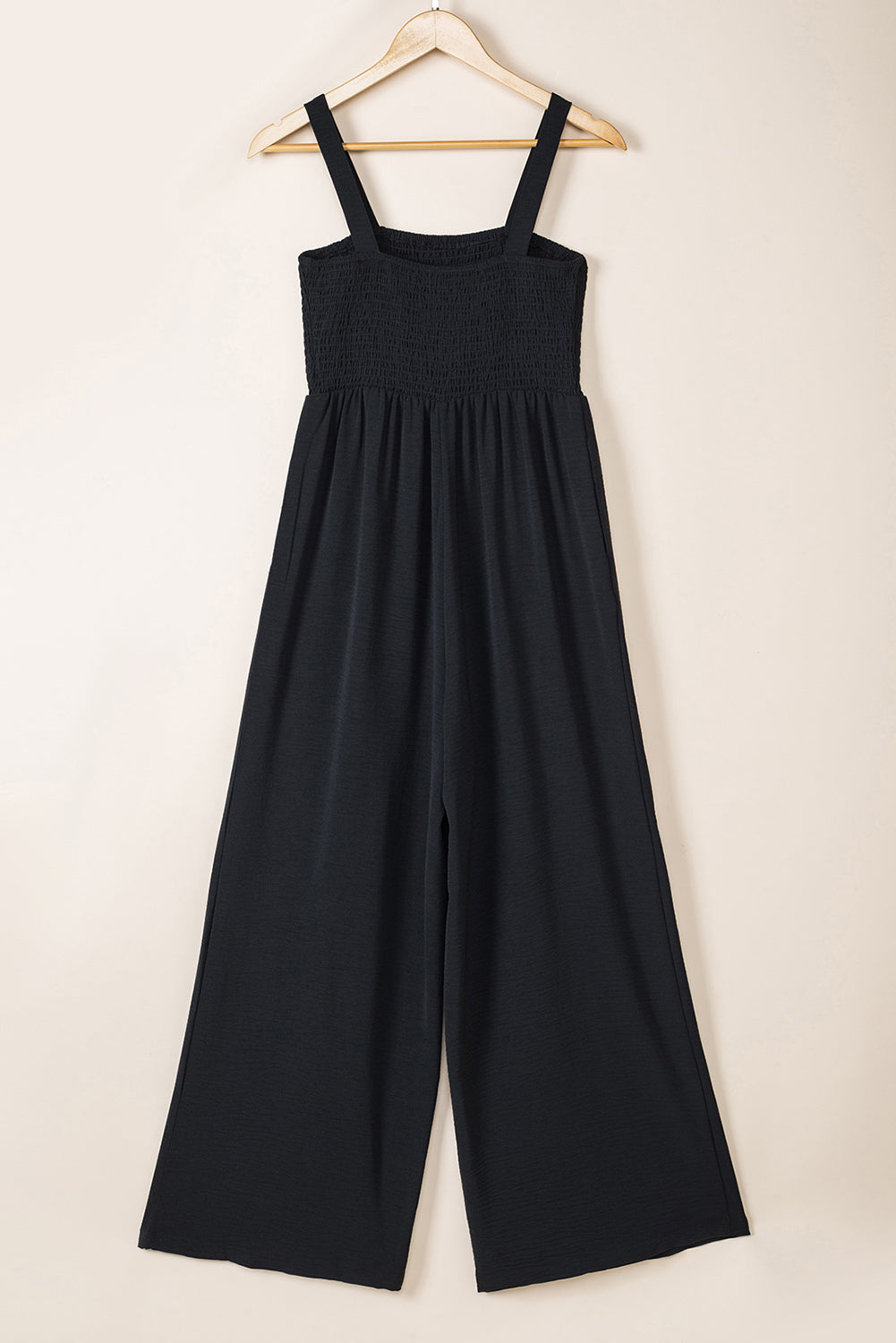 Black Smocked Square Neck Long Sleeve Wide Leg Jumpsuit