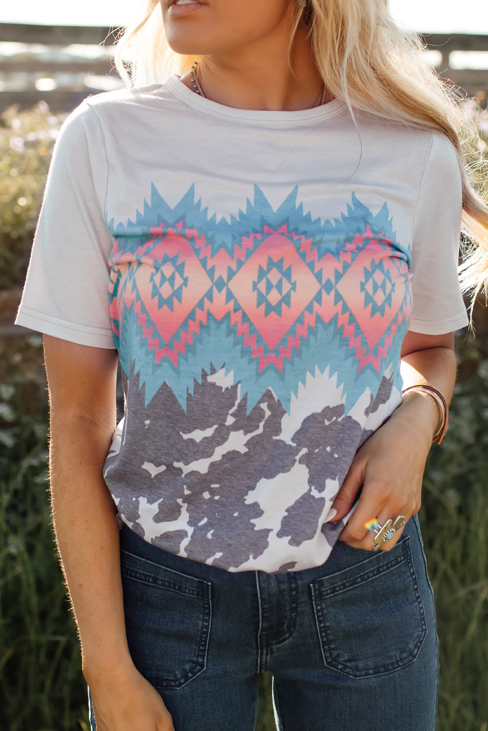 Women’s Off White Western Geometric and Animal Print Short Sleeve T Shirt