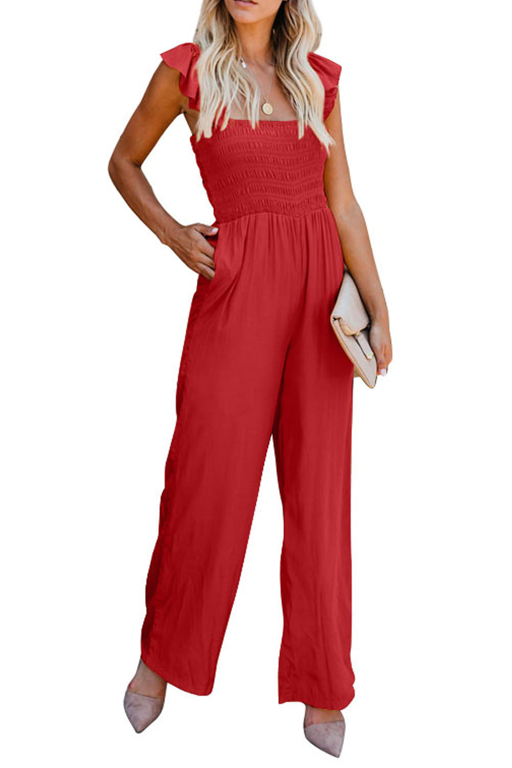 Apricot Smocked Ruffle Strap Pocket Wide Leg Jumpsuit