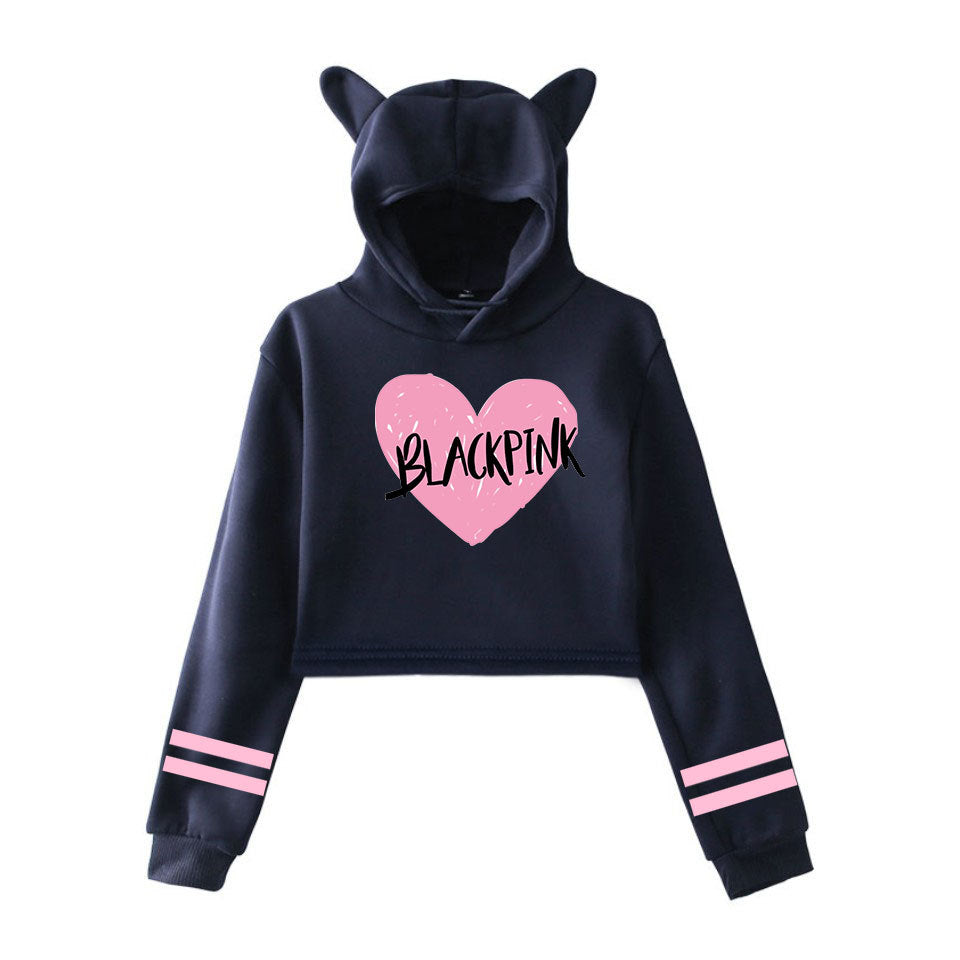 Printed Cat Ears Casual Crop Hood Sweatshirt