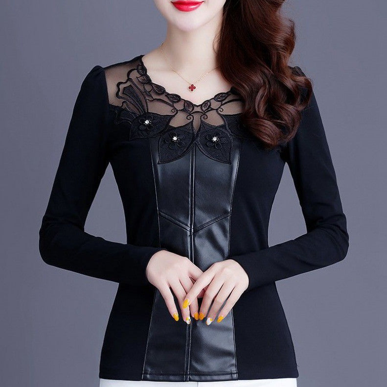 Top Lace Faux Leather Front Panel Long Sleeve Lace Spliced Blouse