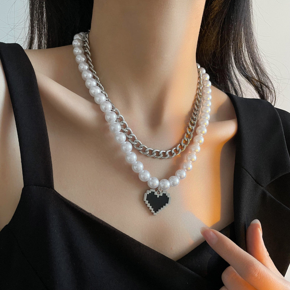 Novel and fashionable double-layer stitching chain with pearl love pendant punk style all-match necklace