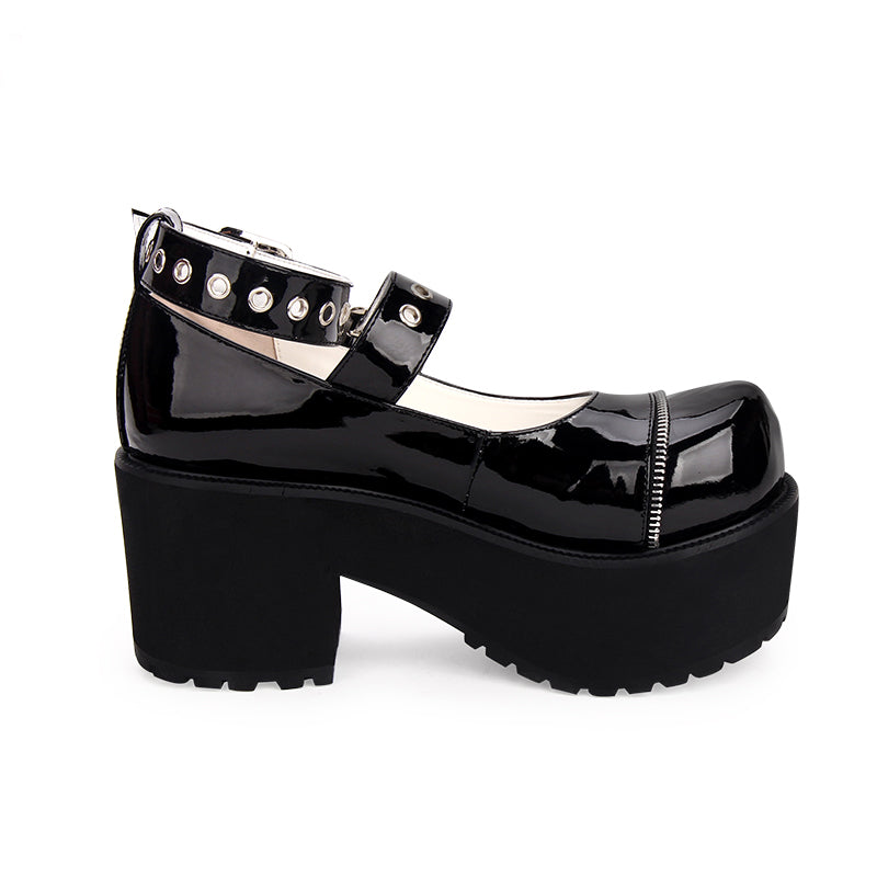 New Spring Lolita Goth Ankle Strap Buckle Patent Leather Mary Jane Style Chunky Platform Shoes