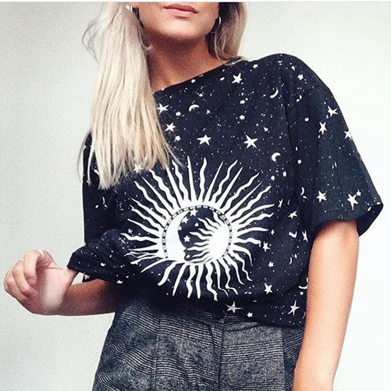 Galaxy All Over Print Starry Sky With Sun And Moon Round Neck Short Sleeved Graphic Print Tee Shirt