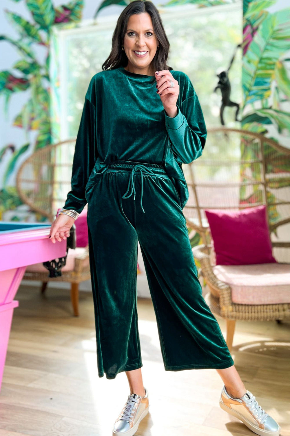 Blackish Green Velvet Long Sleeve Top & Wide Leg Pants Set