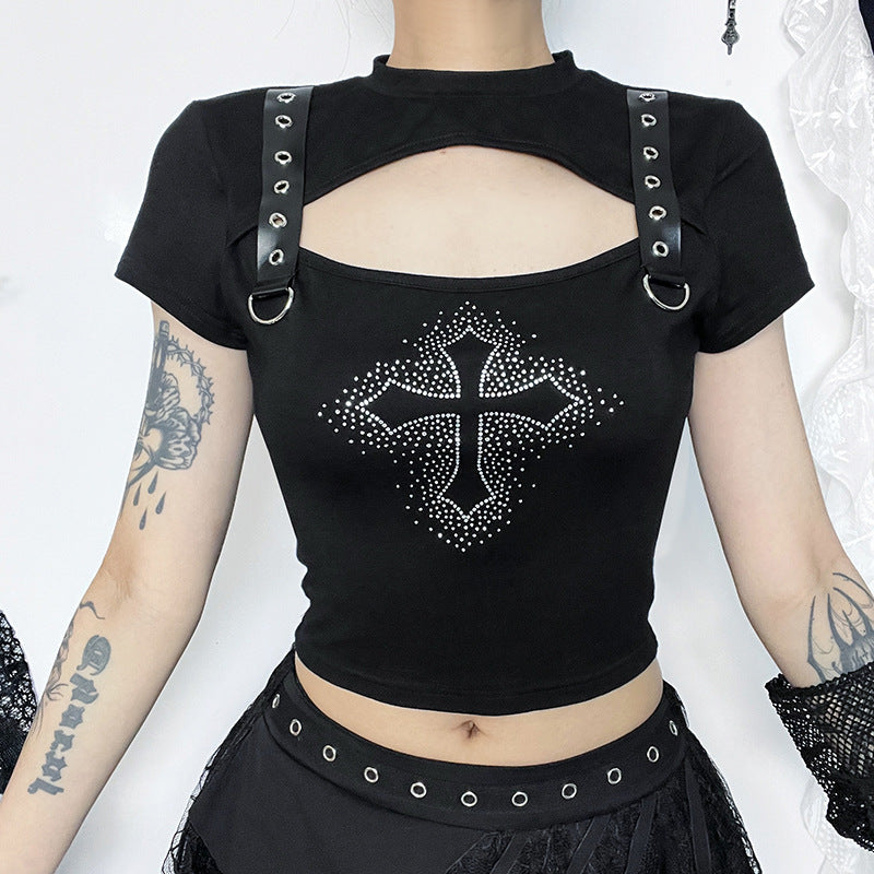 O-neck Short Street Style Trendy Slim Fit Hollow Cut Out Cross Short Sleeve Crop Top T-shirt