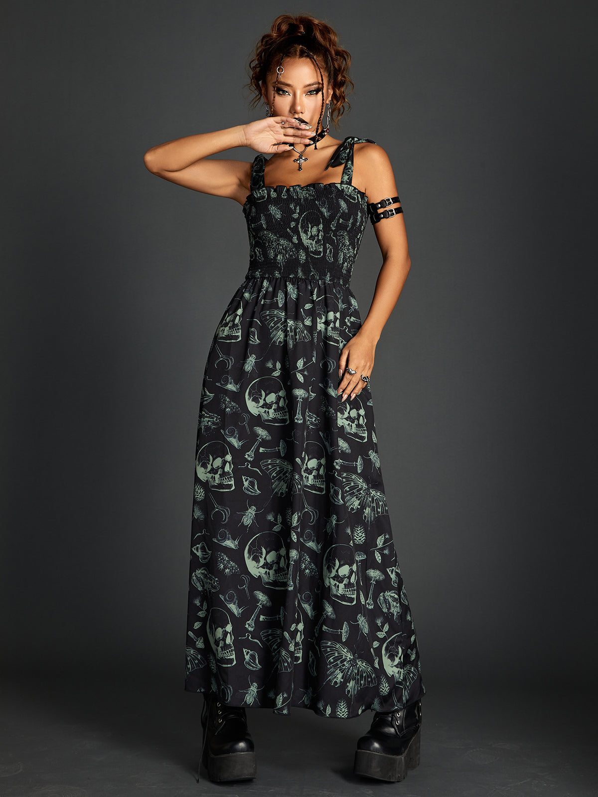 Witchcraft Skulls n Shrooms Boho Goth Tied Strap Rouched Maxi Dress