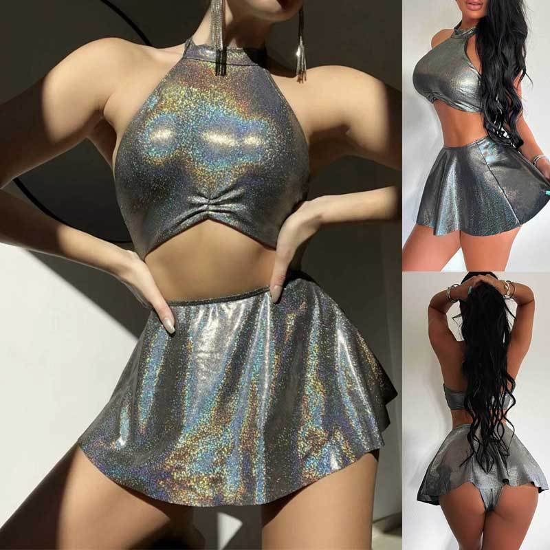 Women's Laser Metallic Sexy Crop Top And A Line Mini Skirt Outfit Set Festival Fashion