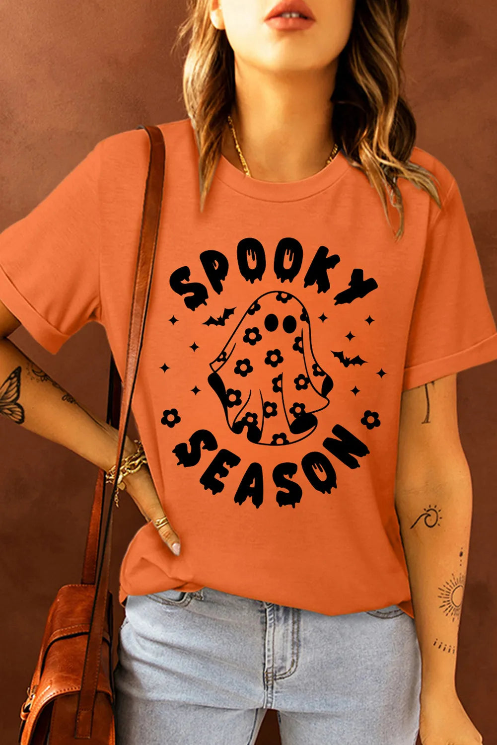 Women’s Spooky Season Ghost Graphic Print Round Neck Short Sleeve T-Shirt