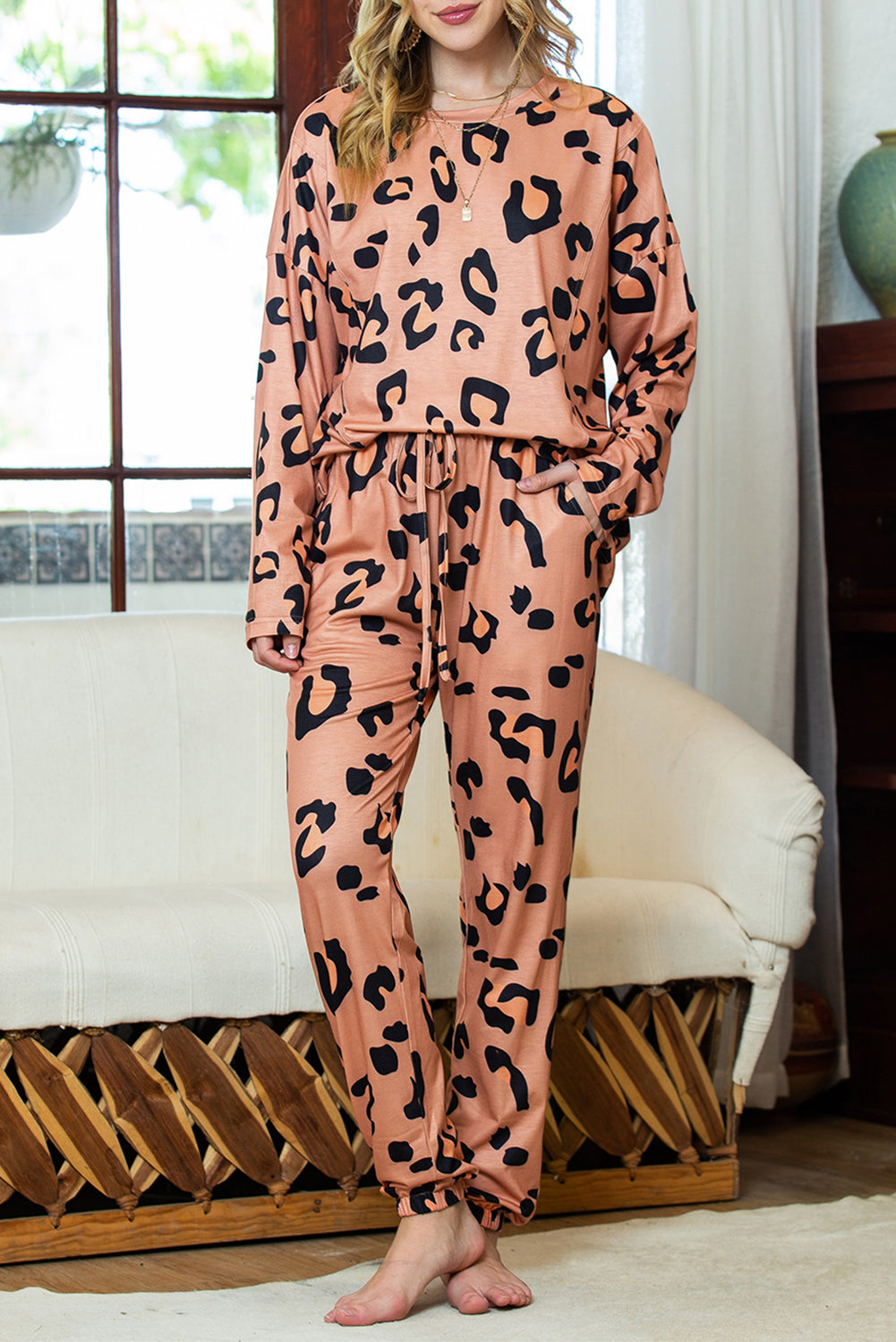 Apricot Pink Leopard Print Long Sleeve Top and Drawstring Pants Set