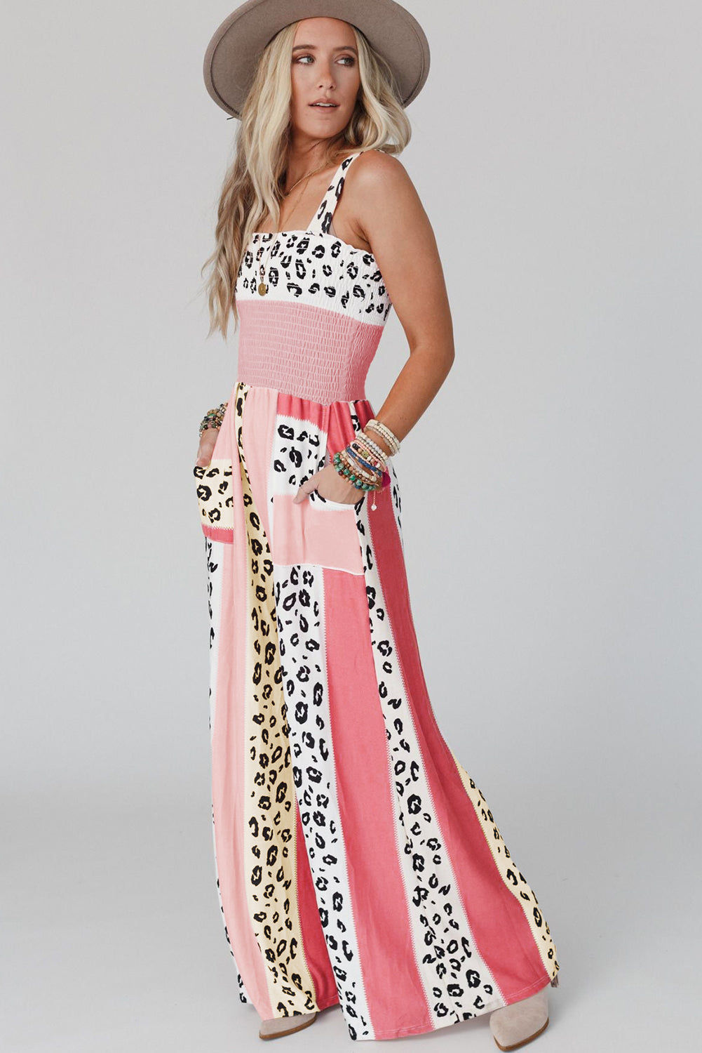 Pink Leopard Color Block Patchwork Strap Jumpsuit