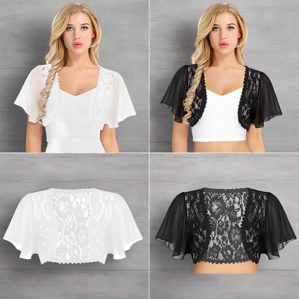 Sexy Bolero for Women | Black White Lace Elegant Ladies Shrug | Short Bell Sleeve Cropped Jacket for Wedding, Evening, Prom