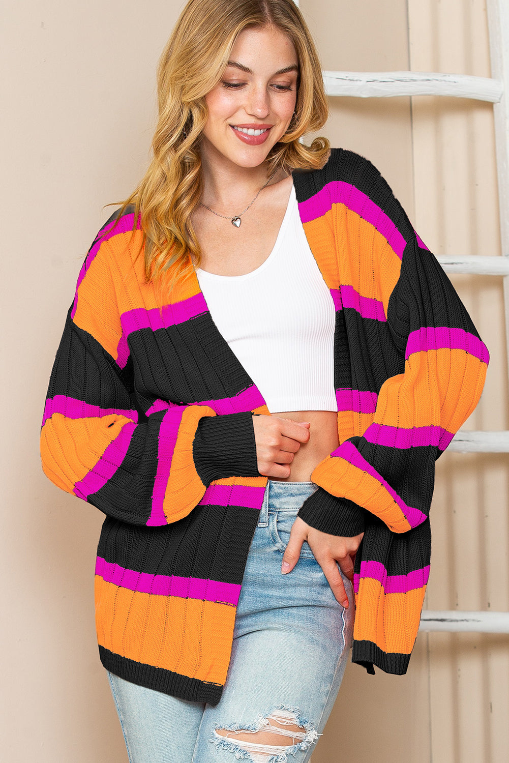 Black Stripe Print Ribbed Knit Sweater Cardigan