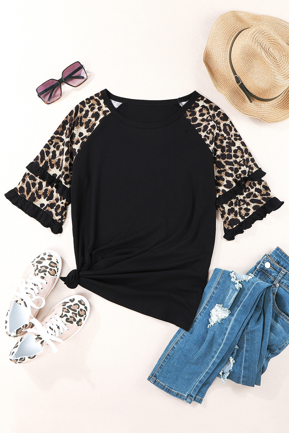 Black Casual Ruffled Leopard Sleeve Patchwork T-Shirt