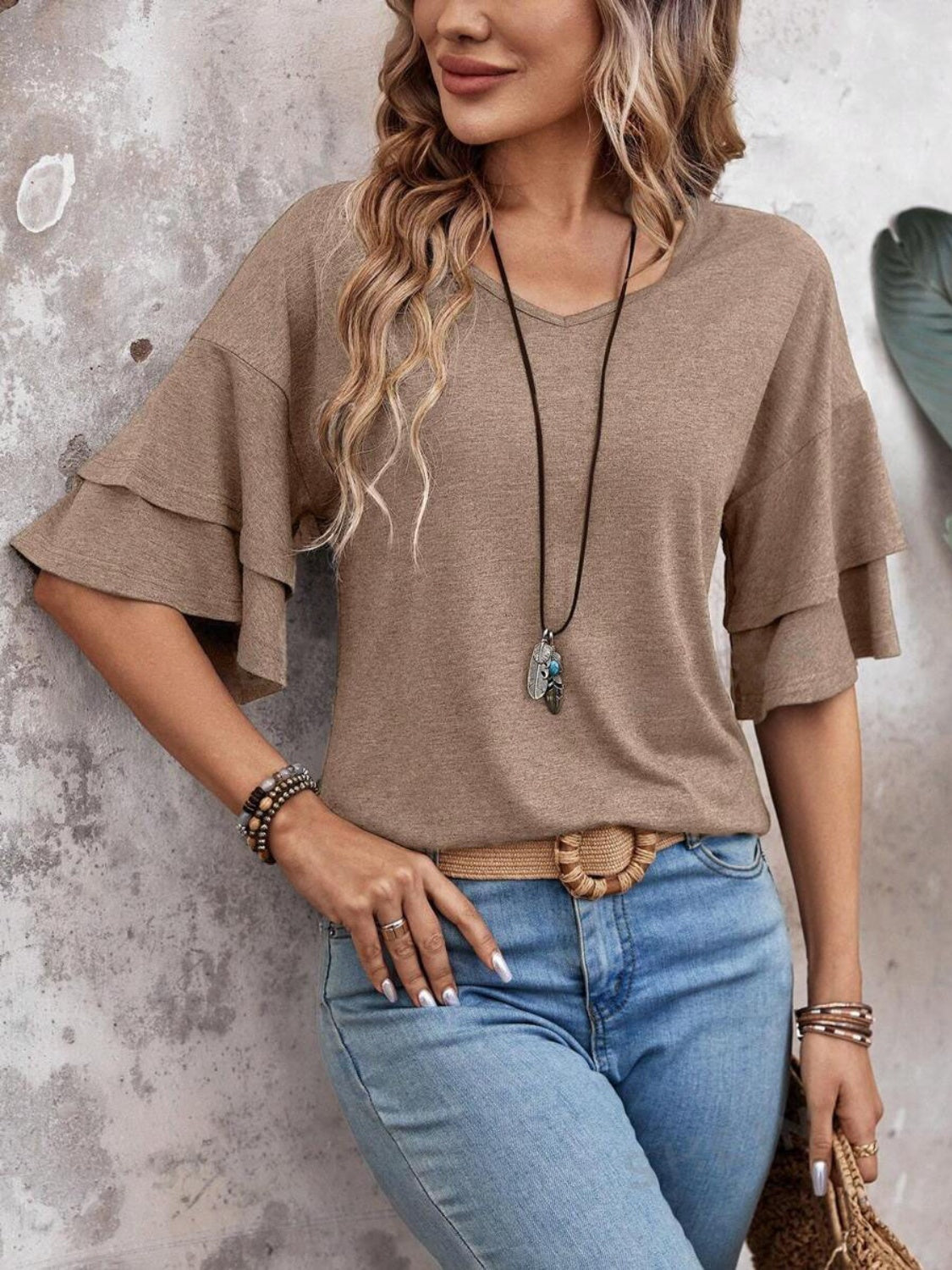 V-Neck Half Sleeve Ruffle Blouse