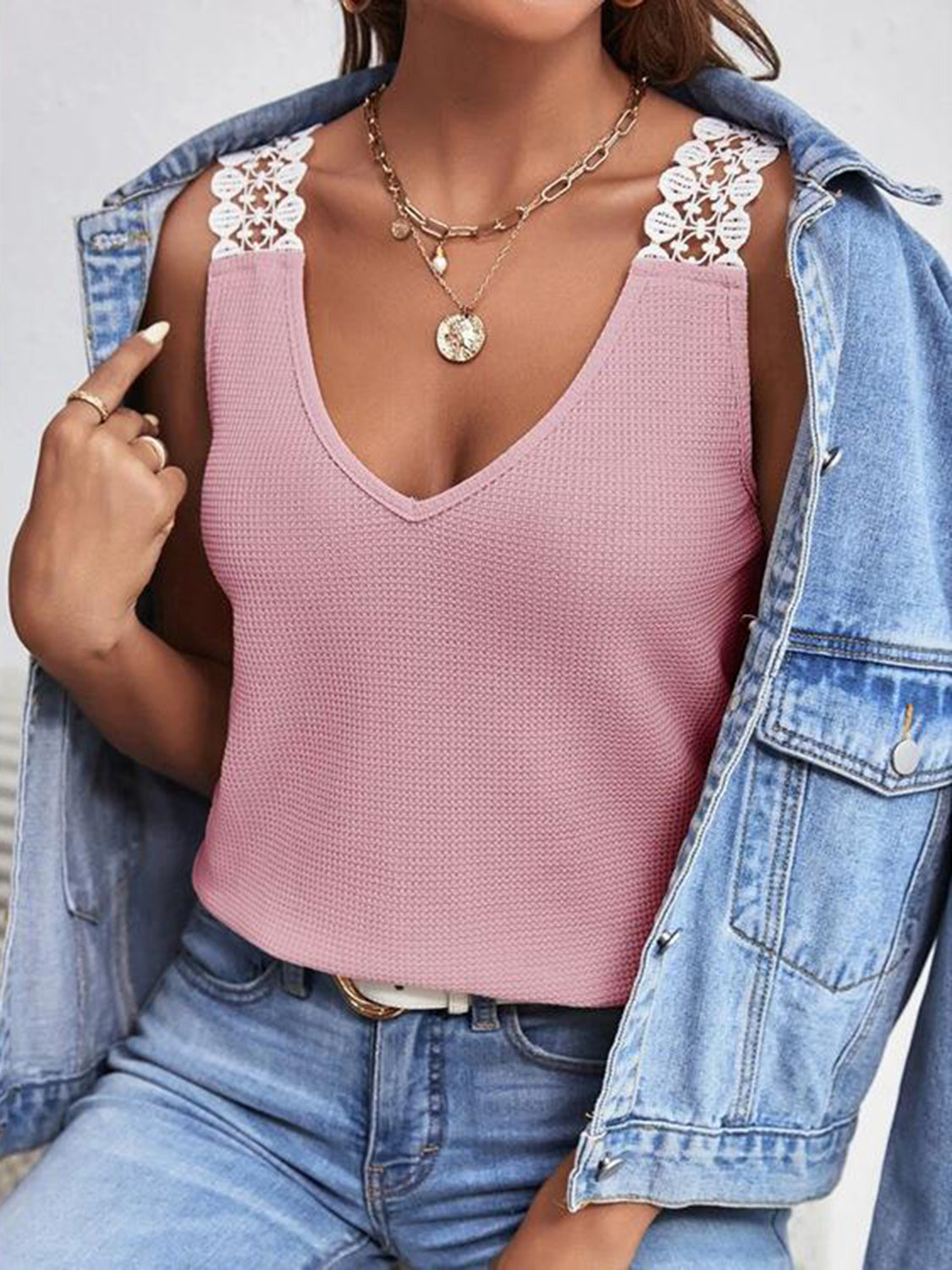 Full Size Lace Detail V-Neck Tank