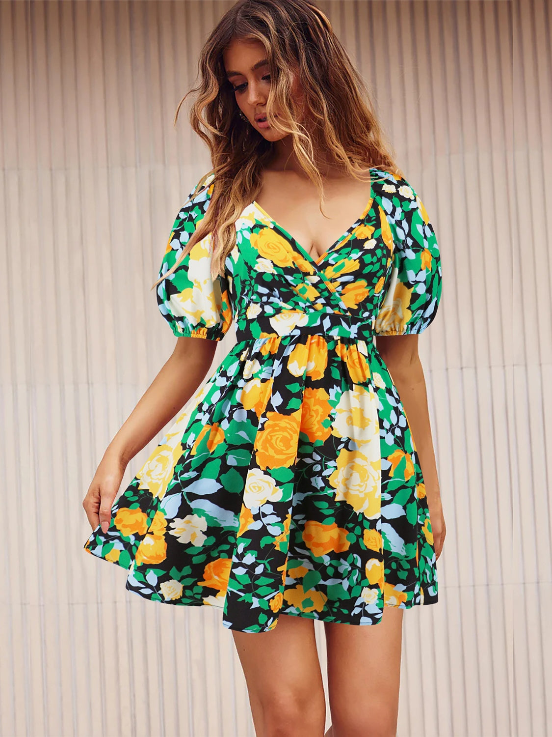 Bright Floral Printed V Neck Pleated Boho Short Sleeve Dress