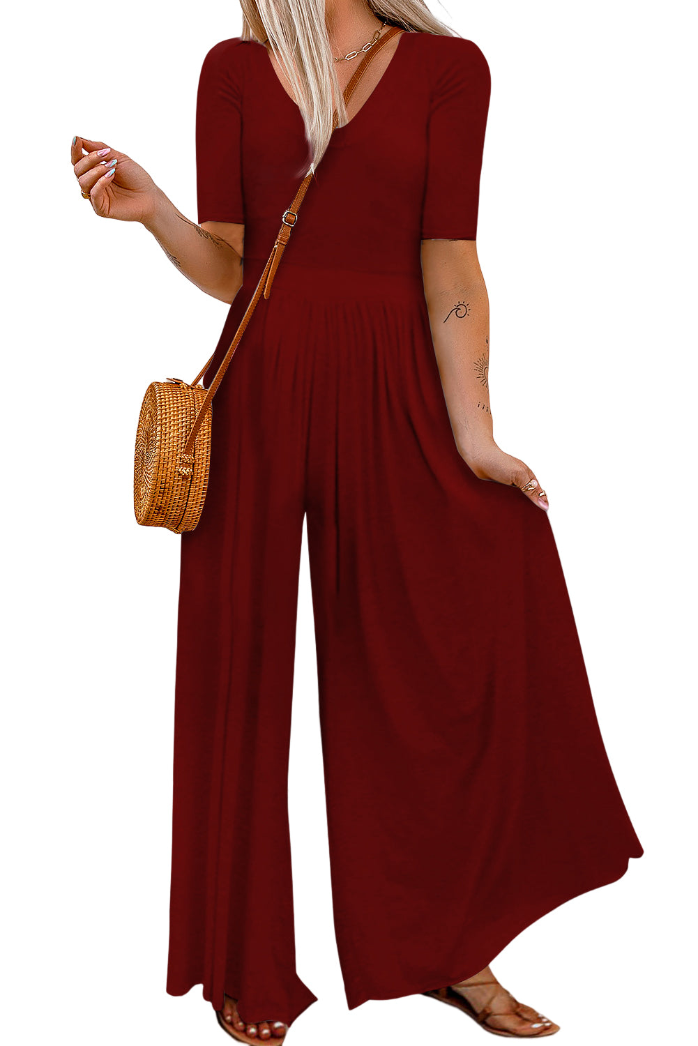 Red Plain Basic Short Sleeve Wide Leg Jumpsuit