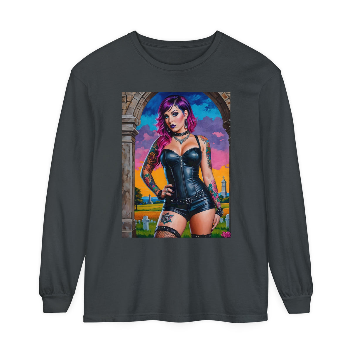 Goth Graveyard Girl Series - Design Three - Unisex Garment-dyed Long Sleeve T-Shirt