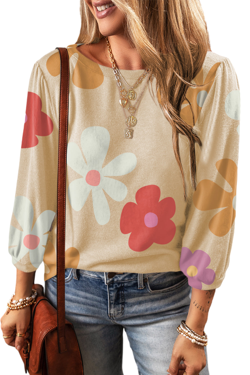 Apricot Flower Print Ruched Bracelet Sleeve Top