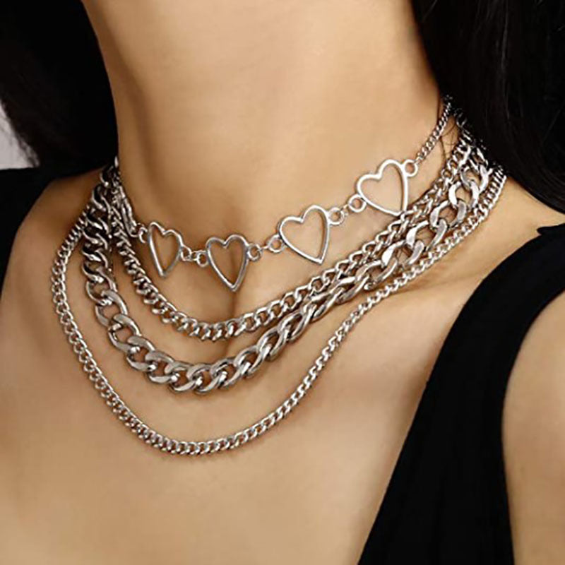 Geometrical Hollow Heart Layered Chain Necklace