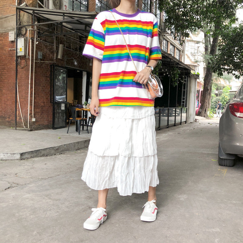 Over The Rainbow Over Sized Horizontal Stripe Printed Short Sleeved Graphic Tee Shirt