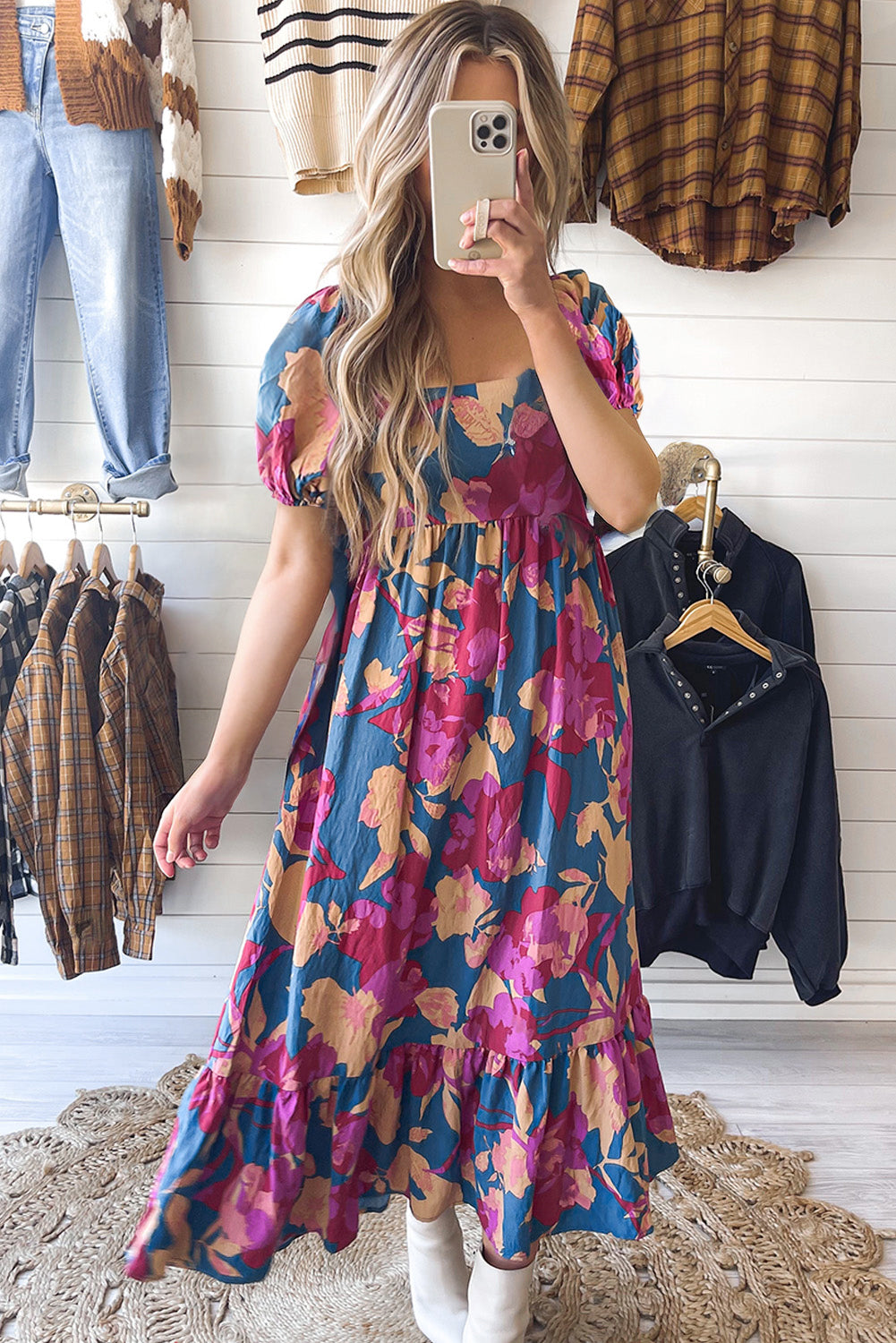 Boho Square Neck Bubble Sleeve Ruffled Floral Dress