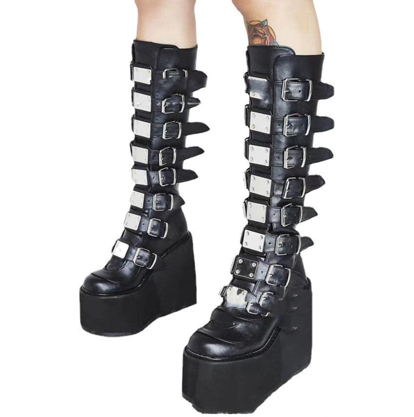 Metallic Goth Belt Buckle Thick-soled Knee High Platform Boots