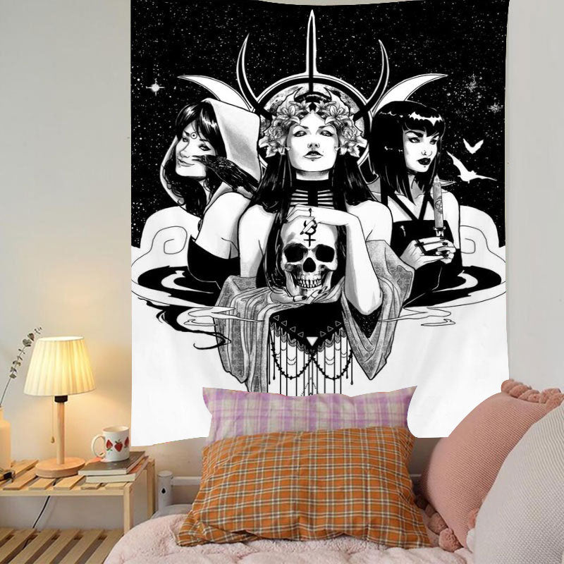 Girl Skull Black And White Style Print Home Decor Fabric Tapestry Beach