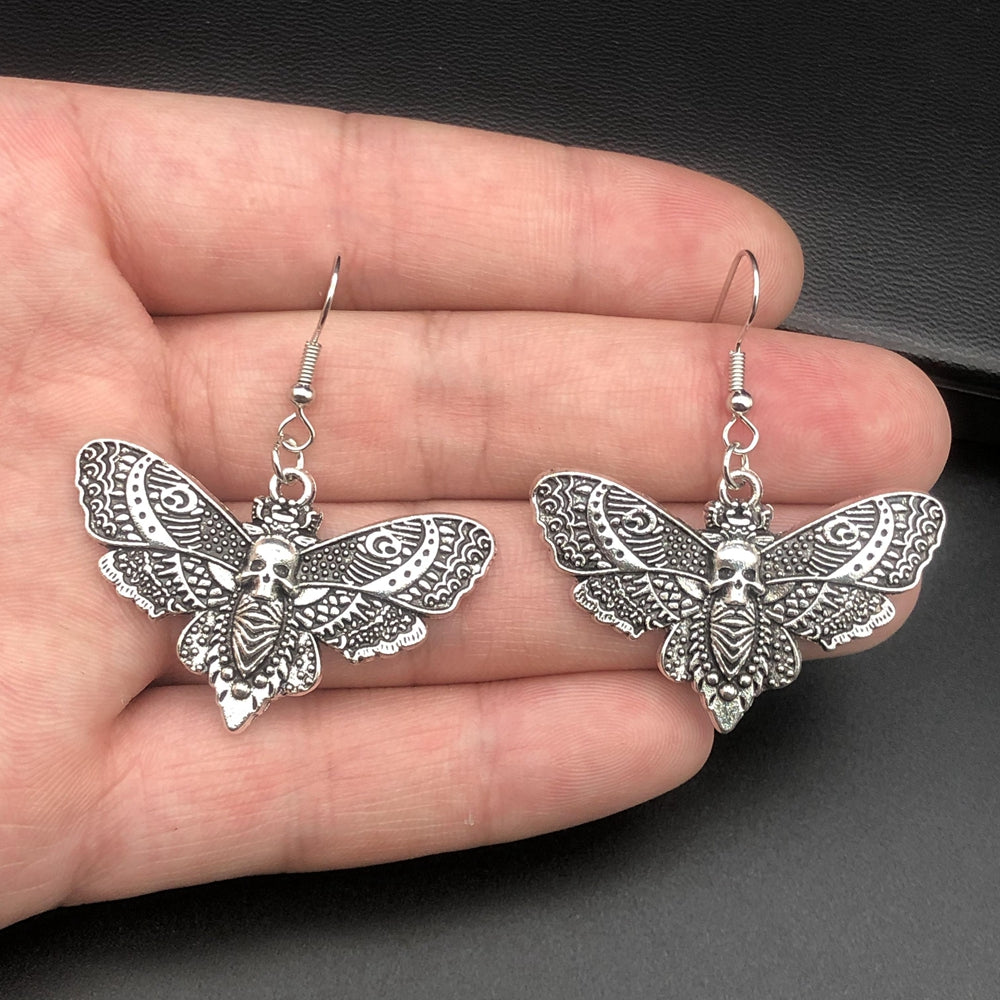 Gothic Silver Skull Moth Earrings