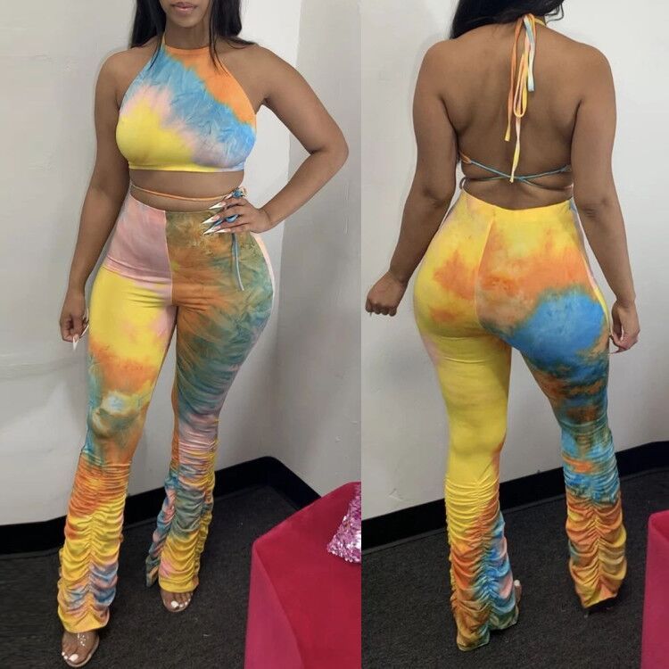 Two-piece Thin Fabric Tie Dye Print Crop Top And Rouched bottom Leggings Two Piece Outfit Set