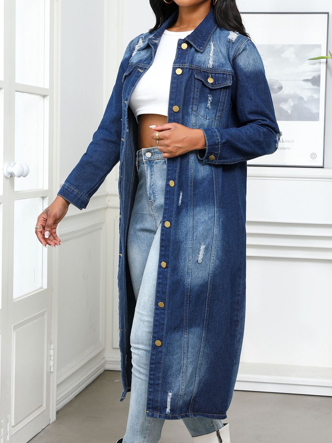 Distressed Long Button-Up Collared Denim Cardigan – Women’s Casual Denim Outerwear