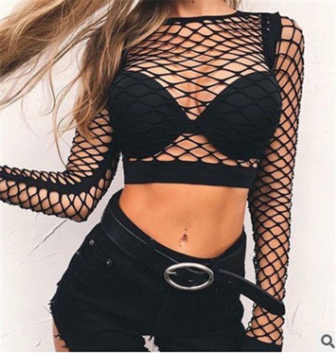 Long Sleeved Fishnet Sheer Nylon Mesh Crop Top