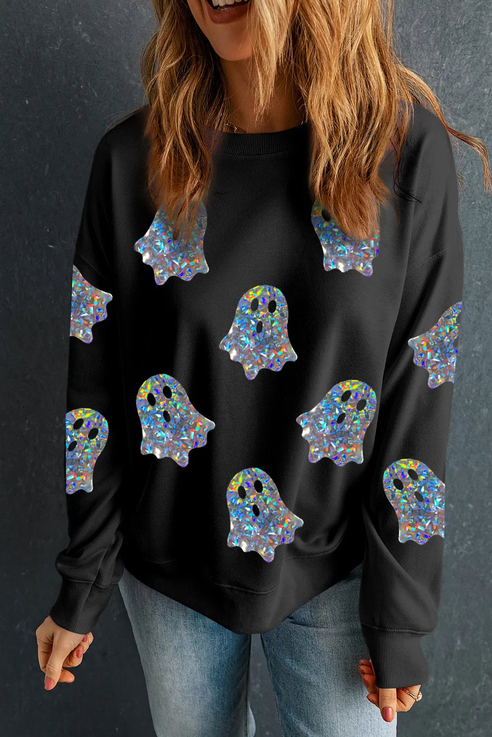 Holographic Ghost Round Neck Long Sleeve Sweatshirt