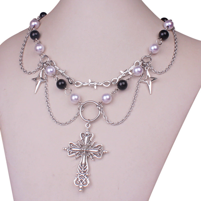 Punk Goth Faux Pearl Cross Necklace