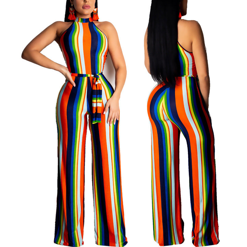 Grecian Style Wide Leg Tie Waist Halter Rainbow Striped Casual Jumpsuit