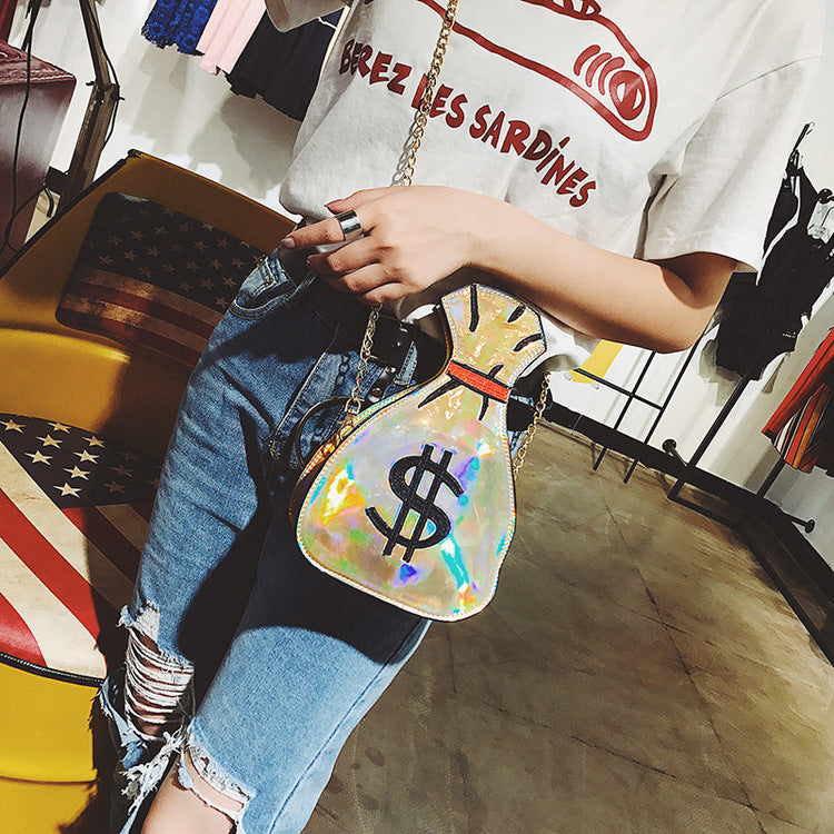 Laser Holographic Money Bags Embroidered Small Purse With Chain Shoulder Strap