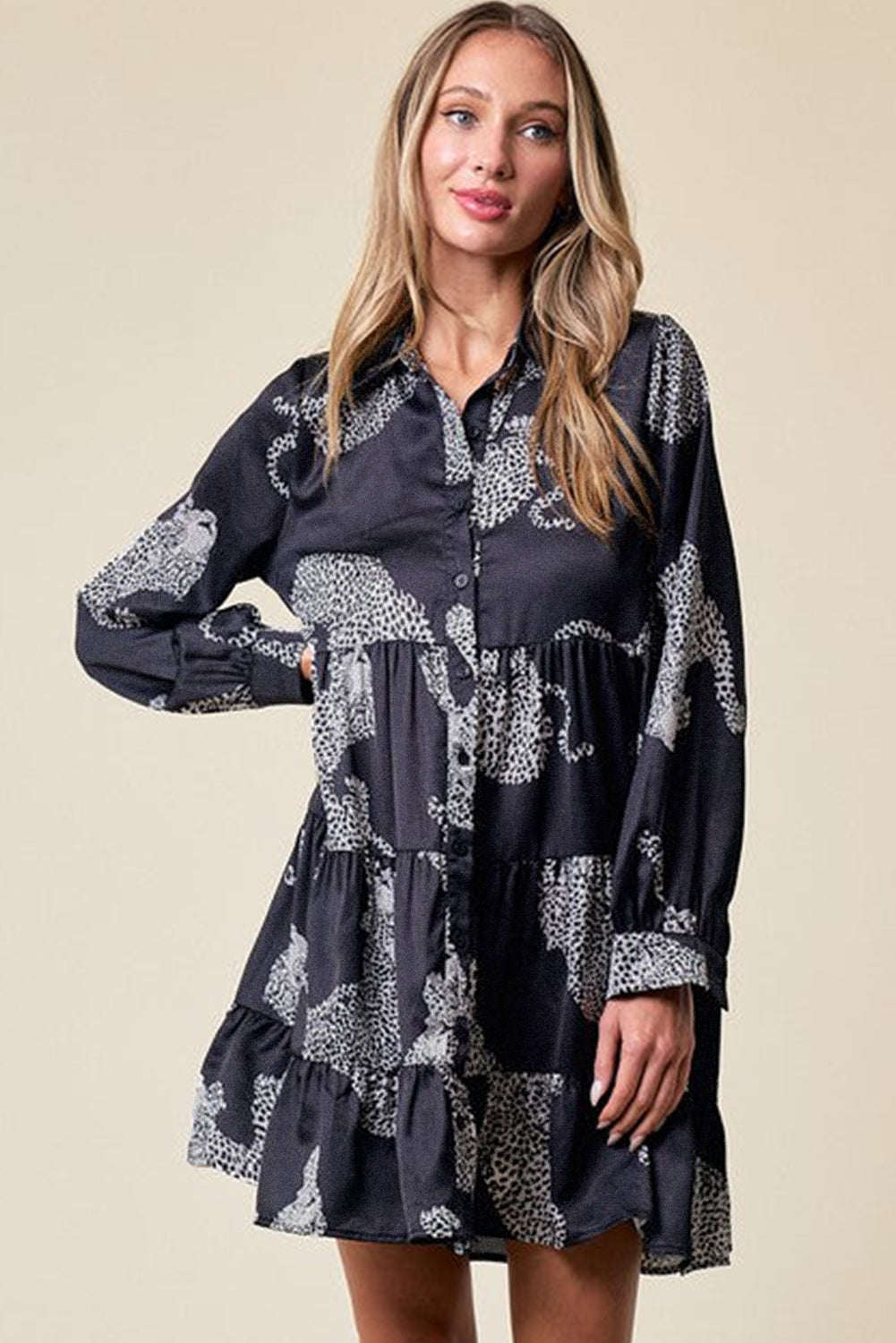 Blue Printed Zebra Pattern Pleated Shirt Tunic Dress