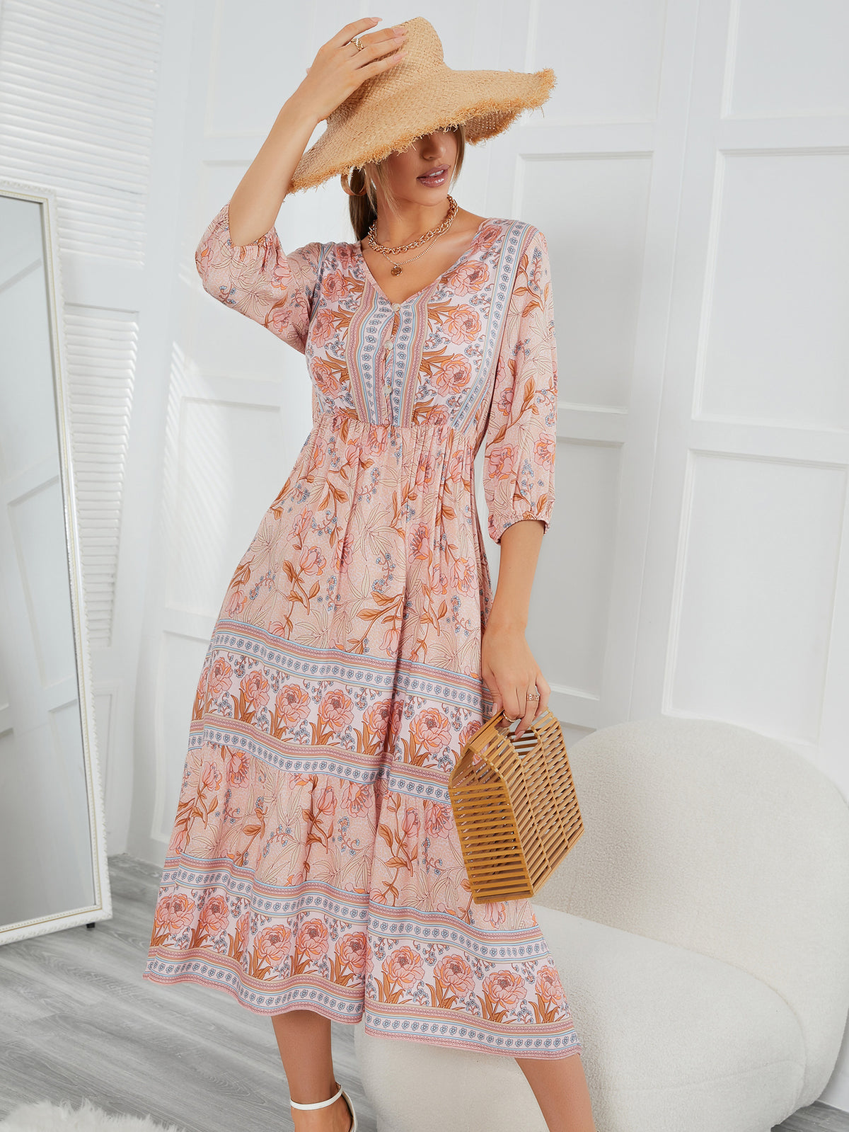 Bohemian V-neck Elastic Waist Three Quarter Sleeve Printed Maxi Dress