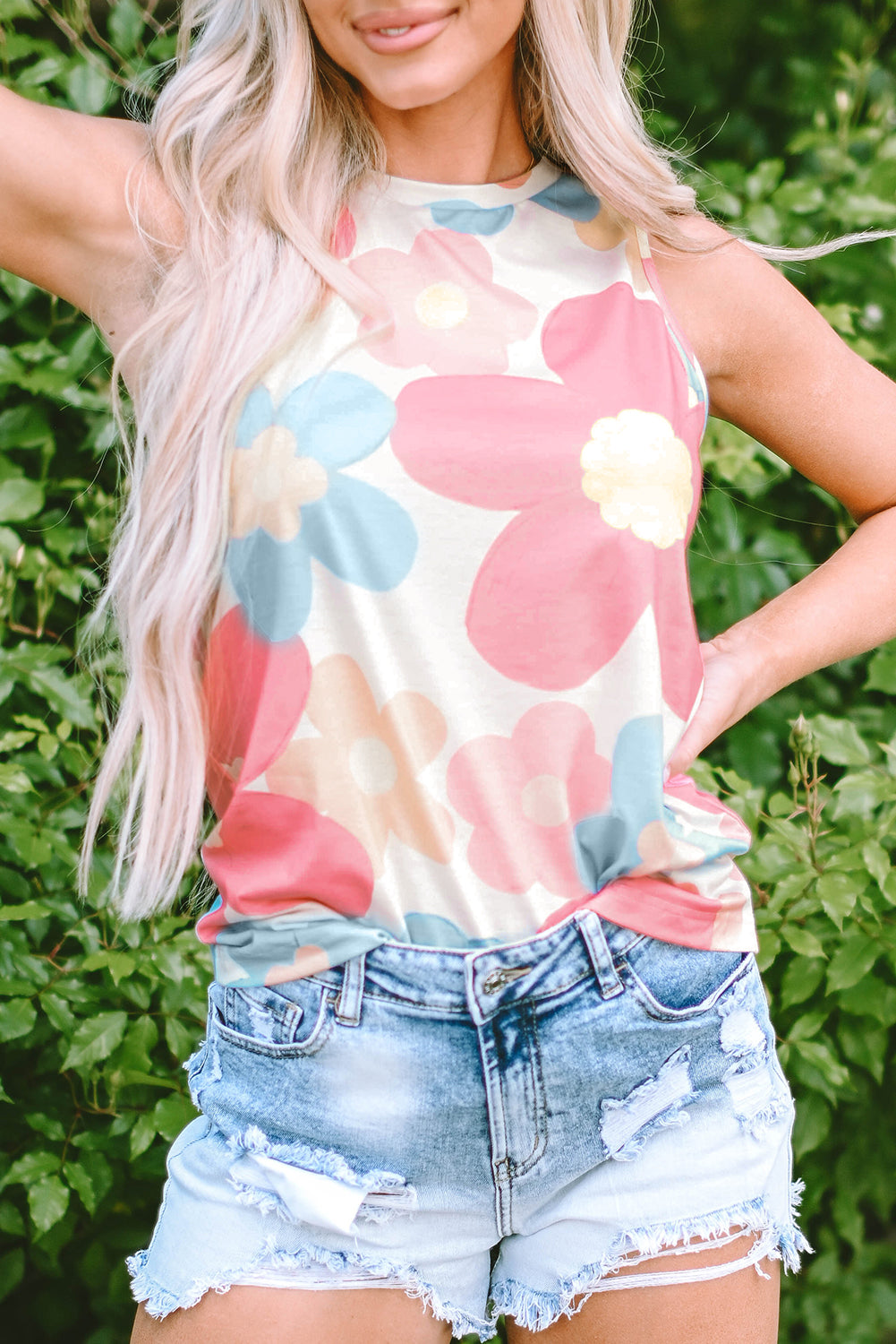 Pink Floral Print Sleeveless Top | Round Neck Women’s Blouse